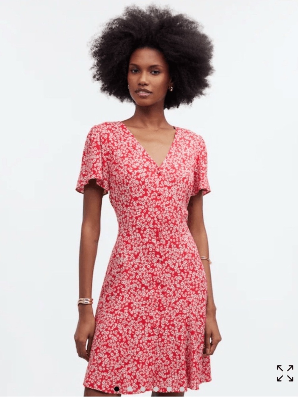 Madewell Red Floral V-Neck Short Sleeve Midi Dress